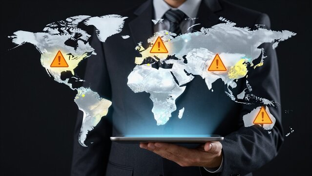 A professional evaluates geopolitical instability across continents using a digital world map with warning indicators.