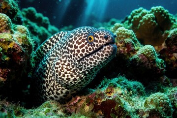 Fototapeta premium Spotted moray eel Gymnothorax moringa rests among coral reef. Underwater sea creature with spotted pattern swims in ocean habitat. Marine life in clear blue water.