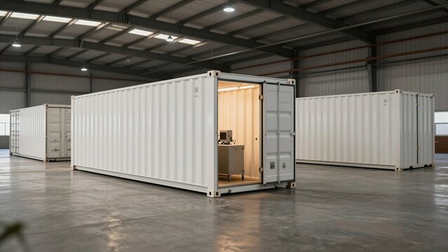 White shipping containers repurposed as modular data centers inside a spacious industrial warehouse with high ceilings and concrete floors.