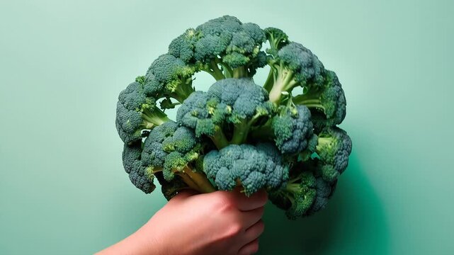 Flat lay pattern of ripe broccoli vegetable, top view summer organic fresh background AI Generative