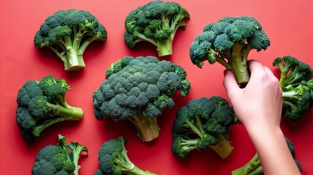 Flat lay pattern of ripe broccoli vegetable, top view summer organic fresh background AI Generative