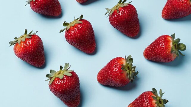 Flat lay pattern of ripe strawberry fruit, top view on summer organic fresh background AI Generative