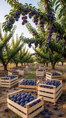 Naklejka premium Plum orchard during harvest season shows trees laden with ripe fruit. Wooden crates overflow with freshly picked plums ready for market. Rural scene with abundance of purple produce under soft light.