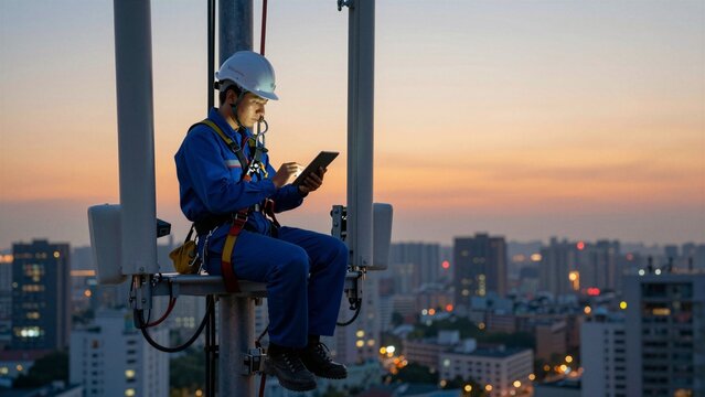 A telecommunications technician in safety gear uses a tablet while seated on a tall communication tower overlooking a city skyline during twilight.