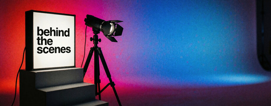 Cinema lightbox with behind scenes text sits on studio stpic. Professional film equipment with snoot lamp on tripod stands near bright color gradient background. Movie production gear setup for video