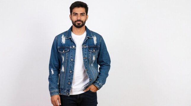 Young man in ripped denim jacket and white t-shirt stands with hand in pocket. He has beard and looks at camera with neutral expression. Studio shot.