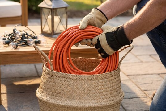 Hands wearing work gloves coiling a long orange electrical extension cord into a basket