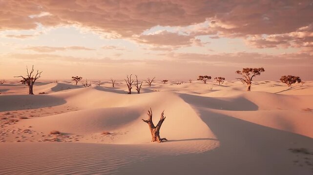 Desert Sand Dunes Dead Tree Trunk White Sky Arid Climate Horizon Extreme Heat Environmental Concept Drought Landscape