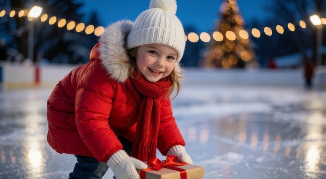 Young girl enjoys ice skating during Christmas holidays, wearing a red coat and hat while looking at a gift on a glistening rink.