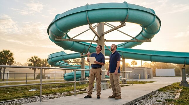 Maintenance team checks dry looping water slide
