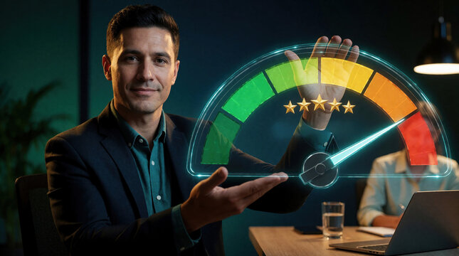 Man holds customer satisfaction meter showing high rating. Five stars and green zone indicate excellent service achievement. Expert shows positive feedback result.