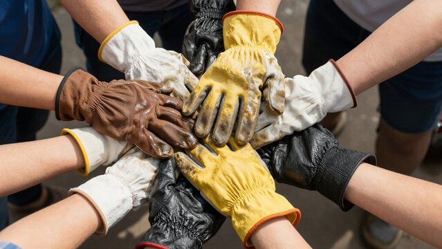 A circle of diverse worker hands wearing protective gloves symbolizes unity, collaboration, and strength across different trades.
