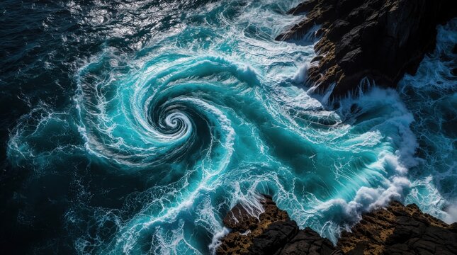 Powerful ocean vortex swirls near rocky coastline. Turquoise blue water churns with white foam crashing against dark cliffs. Aerial view captures nature raw force and motion.