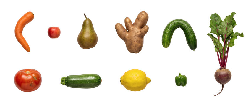 Collection of quirky misshapen vegetables arranged in two rows, isolated on a transparent background for restaurant branding, recipe publishing, menu design, editorial layouts, and social media
