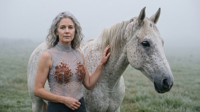 Equestrian Fashion Woman with Fleabitten Gray Horse Wearing Pearl Mesh Top with Copper Beading
