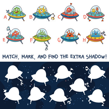 Educational UFO matching puzzle for children. Match each flying saucer to its silhouette, mark the correct letter, and find the extra shadow to develop visual perception, attention, and logic