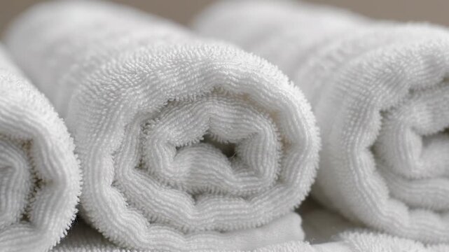 Rolled Clean White Cotton Towels Stack Hotel Spa Bathroom Interior Architecture Soft Lighting Fabric Texture Close Up