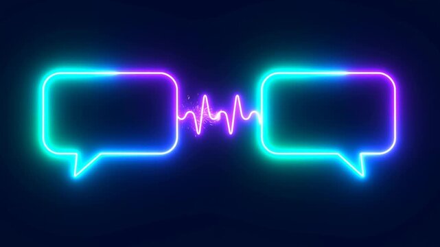 Neon speech bubbles connected by glowing sound wave on dark background