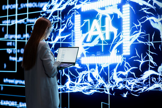 Engineer observes rapid AI development and automated code generation while a woman monitors machine learning algorithms that streamline programming tasks.