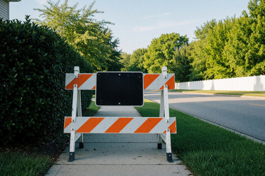 A white and orange striped construction barrier blocks a sidewalk. A blank black sign on the barrier offers no specific warning. The scene is set on a sunny day with rich green trees and grass.