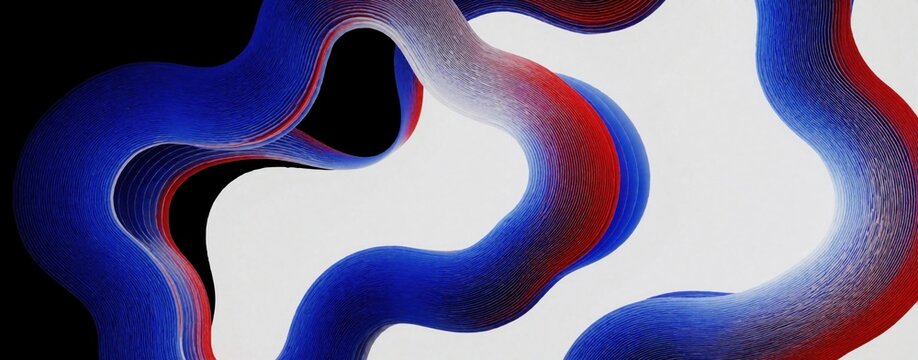 Abstract 3D illustration features wavy blue, red striped lines. Layered flowing shapes create dynamic motion on black, white background. Modern digital art set with colorful curved patterns for