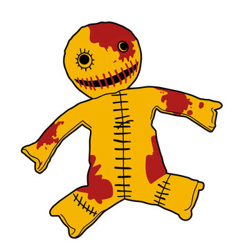A voodoo doll covered in blood, illustration on a white background.