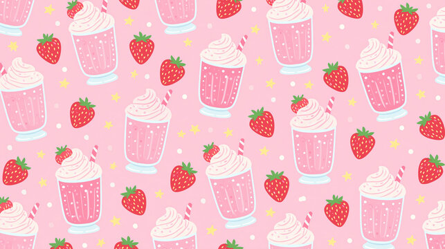 seamless pattern of strawberry milkshakes , food and fruit wallpaper, sweet desserts background, wallpaper