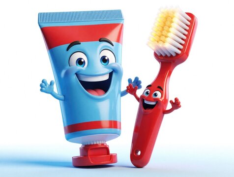 Cheerful blue toothpaste tube, red toothbrush mascot characters smile together. Cute cartoon dental hygiene tools wave hands on white background. Happy 3D dental care icons for kids oral health