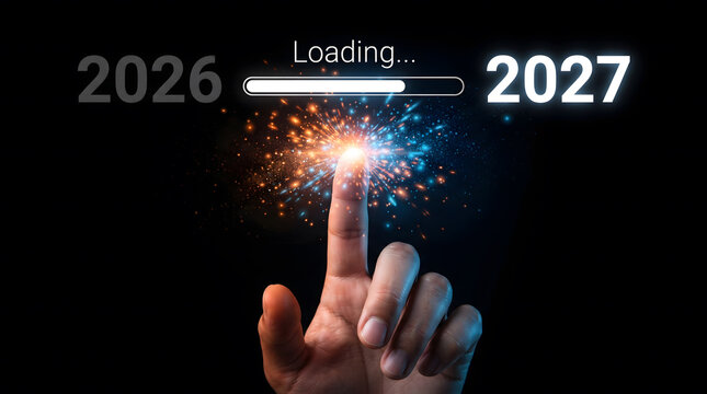 internet concept with internet, Hand Touching Glowing Spark Loading New Year 2027 Progress Bar