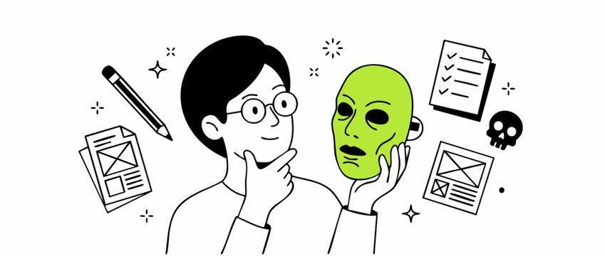 Man holding green mask thinking about persona design in line art vector illustration style with wireframe UI icons pencil checklist and skull elements for UX research and psychological concept.