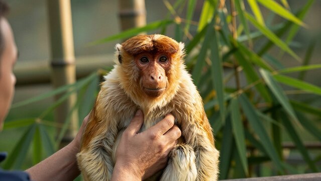 A proboscis monkey is gently held by a zookeeper amidst lush bamboo foliage, showcasing its distinctive facial features and golden fur under natural sunlight.
