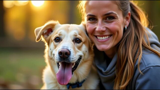 A woman embracing her dog in a park setting