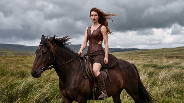 Equestrian Fashion Rider on Chestnut Horse in Wind Wearing Brown Leather Corset and Pleated Skirt
