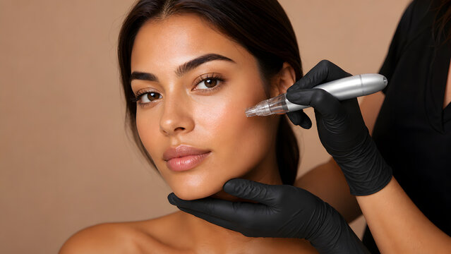 Gloved hand using microneedling pen near cheek during cosmetic dermatology facial beauty clinic treatment session