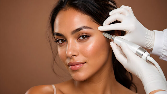Woman looking at camera during microneedling treatment near ear performed by gloved specialist