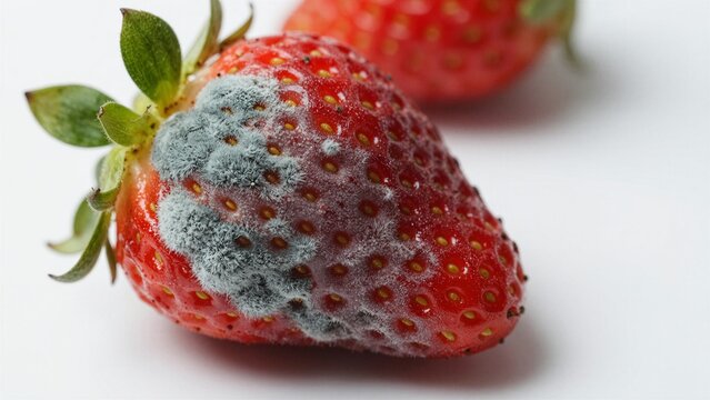 A close-up view of a strawberry covered in gray mold, illustrating natural decay and spoilage against a clean white background.