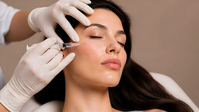 Dermatologist injecting facial filler into woman cheek skin with syringe during cosmetic beauty procedure closeup session