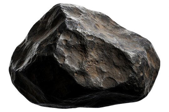 Large dark meteorite rock sits isolated on a white background. It is a heavy, solid celestial object with a rough, textured mineral surface, suggesting space origin and impact.
