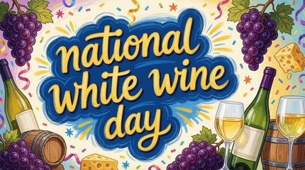Naklejka premium Illustration celebrates National White Wine Day with playful hand drawn lettering, grapes, bottles, glasses, cheese, barrels. Festive confetti, ribbons add to celebratory mood, perfect for party