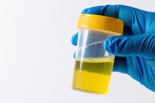 Hand in blue glove holds urine sample container. Yellow liquid specimen for lab test, medical examination. Health checkup, diagnostics, pathology research.