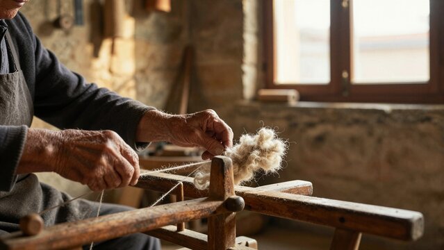 An elderly craftsman skillfully spins raw wool using a wooden spinning wheel in a rustic stone-walled workshop bathed in warm sunlight.