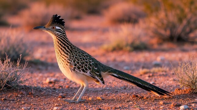 Greater roadrunner bird stands on dry desert ground. Profile view of wild avian with crest, long tail. Sunset light hits plumage in southwestern habitat. Natural wildlife scene in arid landscape with