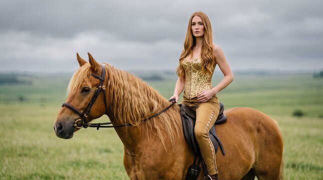 Equestrian Fashion Rider on Chestnut Horse Wearing Gold Sequin Corset and Denim in Field