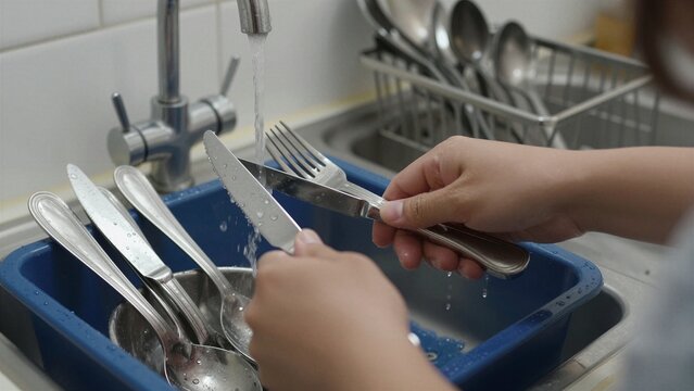 Person cleaning shiny metal knives and forks in kitchen sink with clear stream of water.