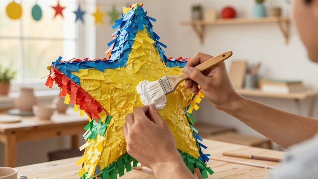 A person carefully paints a colorful star-shaped pinata with white paint in a bright, festive craft room decorated with hanging stars and paper decorations.