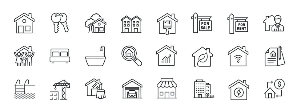 Real estate, property, residence thin line icons. For website marketing design, logo, app, template, ui, etc. Vector illustration.