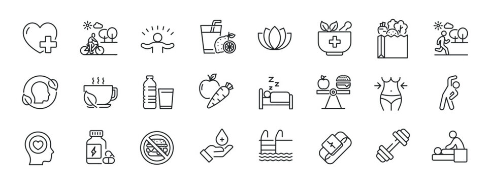 Healthy lifestyle thin line icons. For website marketing design, logo, app, template, ui, etc. Vector illustration.