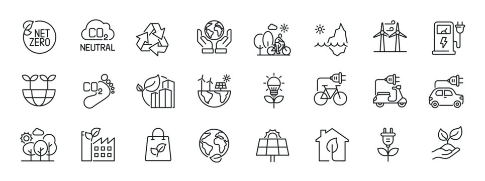 Net zero, ecology, environment thin line icons. For website marketing design, logo, app, template, ui, etc. Vector illustration.