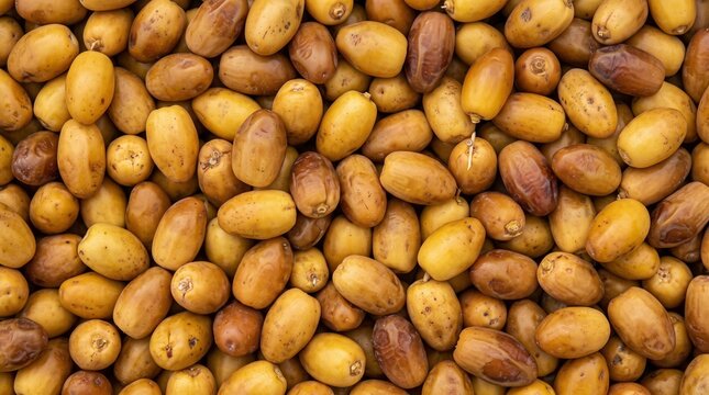 Ripe dates are piled high in a textured full frame overhead shot for a healthy snack and organic food concept.