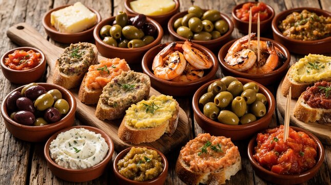 Assortment of Portuguese tapas dishes on wood. Various bruschetta appetizers, olives, grilled prawns, dips create rustic meal. Mediterranean food spread includes seafood, cheese, fresh ingredients.